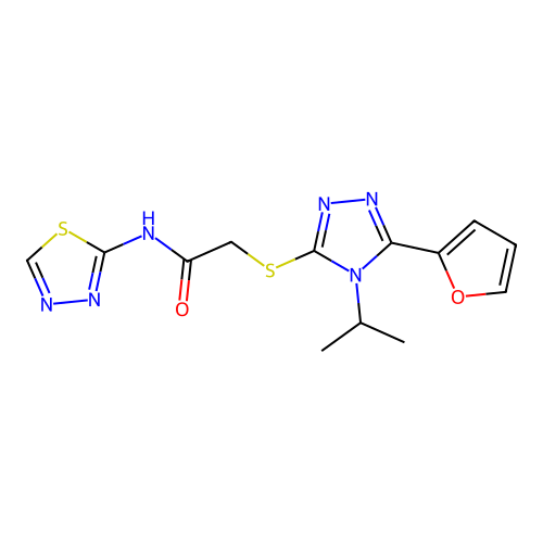 2-[[5-(furan-2-yl)-4-propan-2-yl-1,2,4-triazol-3-yl]sulfanyl]-N-(1,3,4-thiadiazol-2-yl)acetamide structure