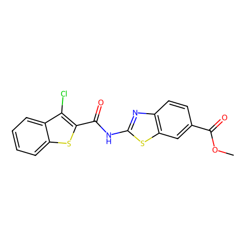 Methyl 2-(3-chlorobenzo[b]thiophene-2-carboxamido)benzo[d]thiazole-6-carboxylate structure