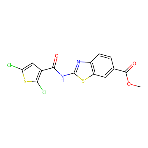 Methyl 2-(2,5-dichlorothiophene-3-carboxamido)benzo[d]thiazole-6-carboxylate structure