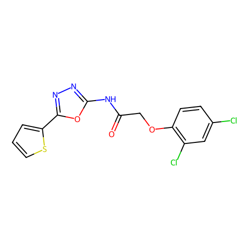 2-(2,4-dichlorophenoxy)-N-(5-thiophen-2-yl-1,3,4-oxadiazol-2-yl)acetamide structure