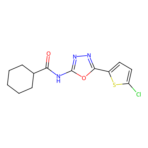 N-[5-(5-chlorothiophen-2-yl)-1,3,4-oxadiazol-2-yl]cyclohexanecarboxamide structure