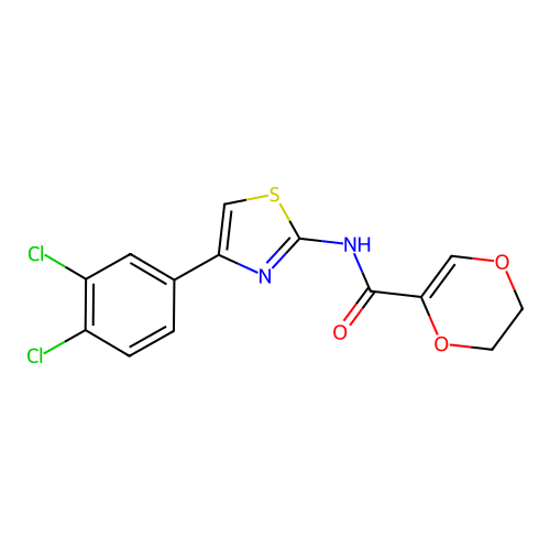 N-(4-(3,4-dichlorophenyl)thiazol-2-yl)-5,6-dihydro-1,4-dioxine-2-carboxamide structure
