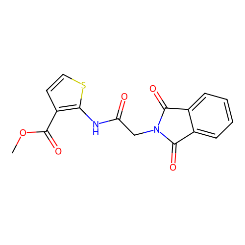 Methyl 2-(2-(1,3-dioxoisoindolin-2-yl)acetamido)thiophene-3-carboxylate structure