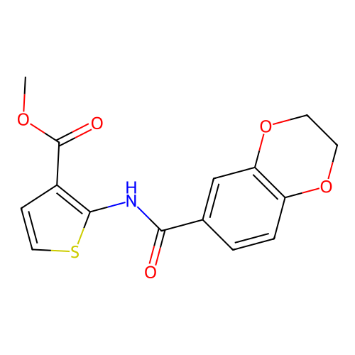 Methyl 2-(2,3-dihydrobenzo[b][1,4]dioxine-6-carboxamido)thiophene-3-carboxylate structure