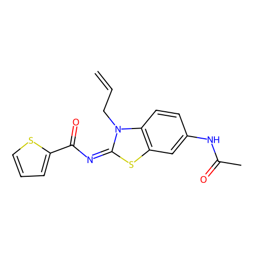 N-(6-acetamido-3-prop-2-enyl-1,3-benzothiazol-2-ylidene)-2-thiophenecarboxamide structure