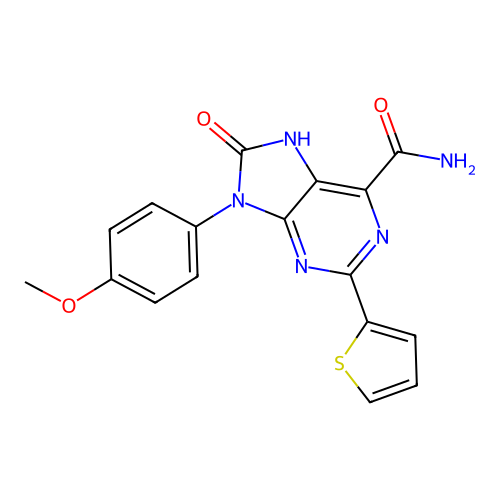 9-(4-methoxyphenyl)-8-oxo-2-(thiophen-2-yl)-8,9-dihydro-7H-purine-6-carboxamide structure