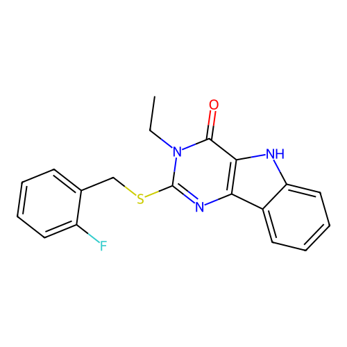 3-ethyl-2-[(2-fluorophenyl)methylsulfanyl]-5H-pyrimido[5,4-b]indol-4-one structure
