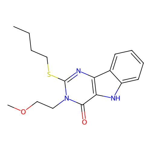 2-butylsulfanyl-3-(2-methoxyethyl)-5H-pyrimido[5,4-b]indol-4-one structure