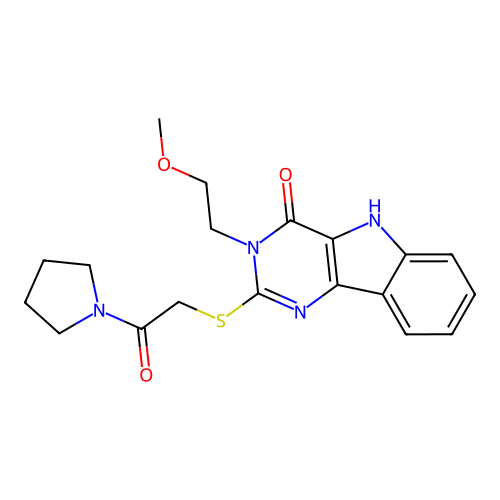3-(2-methoxyethyl)-2-(2-oxo-2-pyrrolidin-1-ylethyl)sulfanyl-5H-pyrimido[5,4-b]indol-4-one structure