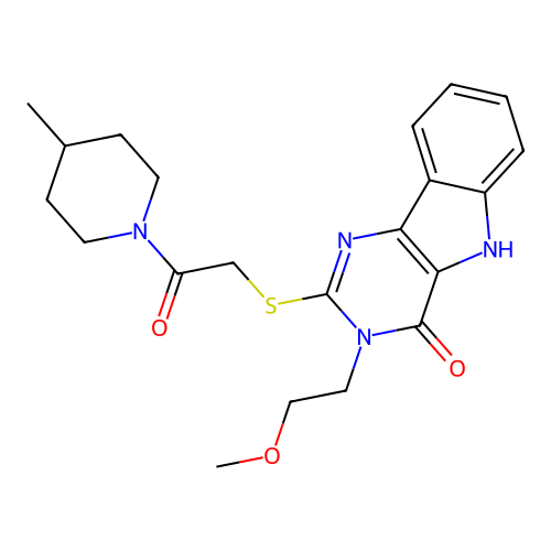 3-(2-methoxyethyl)-2-((2-(4-methylpiperidin-1-yl)-2-oxoethyl)thio)-3H-pyrimido[5,4-b]indol-4(5H)-one structure