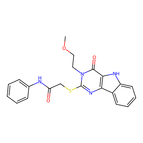2-{[3-(2-methoxyethyl)-4-oxo-3H,4H,5H-pyrimido[5,4-b]indol-2-yl]sulfanyl}-N-phenylacetamide structure