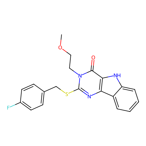 2-{[(4-fluorophenyl)methyl]sulfanyl}-3-(2-methoxyethyl)-3H,4H,5H-pyrimido[5,4-b]indol-4-one structure