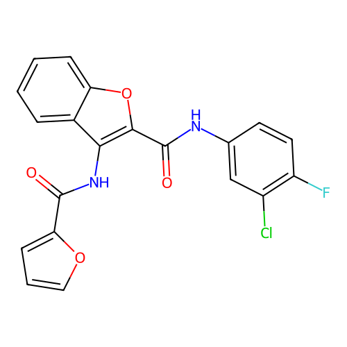 N-(3-chloro-4-fluorophenyl)-3-(furan-2-carboxamido)benzofuran-2-carboxamide structure