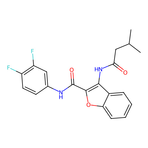 N-(3,4-difluorophenyl)-3-(3-methylbutanamido)benzofuran-2-carboxamide structure