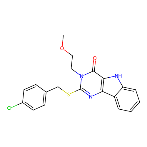 2-{[(4-chlorophenyl)methyl]sulfanyl}-3-(2-methoxyethyl)-3H,4H,5H-pyrimido[5,4-b]indol-4-one structure