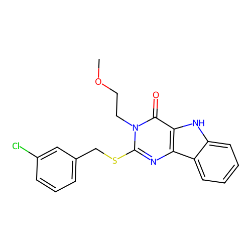 2-{[(3-chlorophenyl)methyl]sulfanyl}-3-(2-methoxyethyl)-3H,4H,5H-pyrimido[5,4-b]indol-4-one structure
