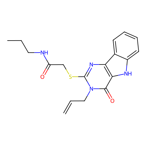 2-[(4-oxo-3-prop-2-enyl-5H-pyrimido[5,4-b]indol-2-yl)sulfanyl]-N-propylacetamide structure