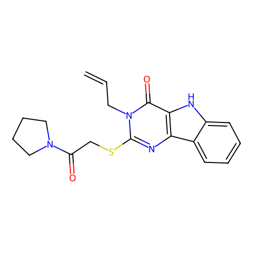 2-{[2-oxo-2-(pyrrolidin-1-yl)ethyl]sulfanyl}-3-(prop-2-en-1-yl)-3H,4H,5H-pyrimido[5,4-b]indol-4-one structure