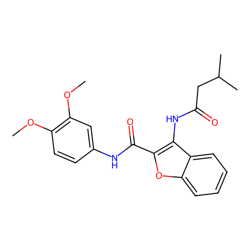 N-(3,4-dimethoxyphenyl)-3-(3-methylbutanamido)benzofuran-2-carboxamide structure