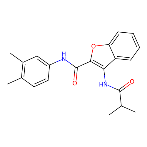 N-(3,4-dimethylphenyl)-3-isobutyramidobenzofuran-2-carboxamide structure