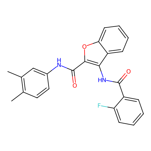 N-(3,4-dimethylphenyl)-3-(2-fluorobenzamido)-1-benzofuran-2-carboxamide structure