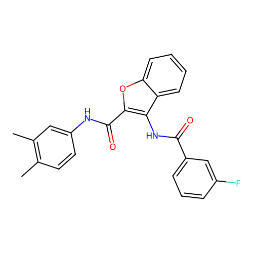N-(3,4-dimethylphenyl)-3-(3-fluorobenzamido)benzofuran-2-carboxamide structure