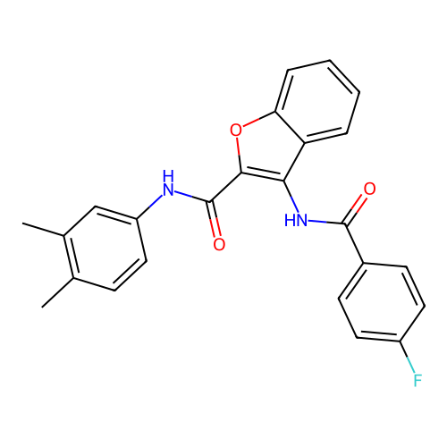 N-(3,4-dimethylphenyl)-3-(4-fluorobenzamido)benzofuran-2-carboxamide structure