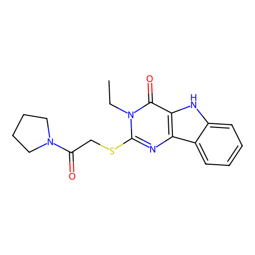 3-ethyl-2-(2-oxo-2-pyrrolidin-1-ylethyl)sulfanyl-5H-pyrimido[5,4-b]indol-4-one structure