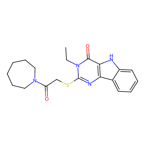 2-[2-(azepan-1-yl)-2-oxoethyl]sulfanyl-3-ethyl-5H-pyrimido[5,4-b]indol-4-one structure