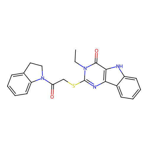 2-{[2-(2,3-dihydro-1H-indol-1-yl)-2-oxoethyl]sulfanyl}-3-ethyl-3H,4H,5H-pyrimido[5,4-b]indol-4-one structure