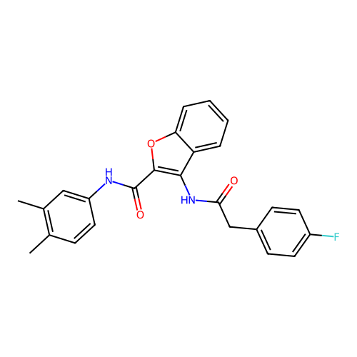 N-(3,4-dimethylphenyl)-3-(2-(4-fluorophenyl)acetamido)benzofuran-2-carboxamide structure