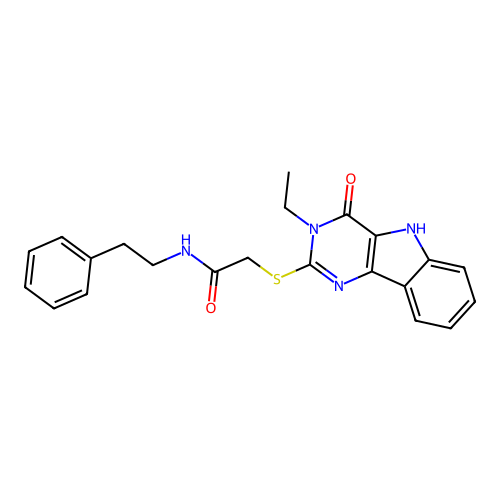 2-({3-ethyl-4-oxo-3H,4H,5H-pyrimido[5,4-b]indol-2-yl}sulfanyl)-N-(2-phenylethyl)acetamide structure