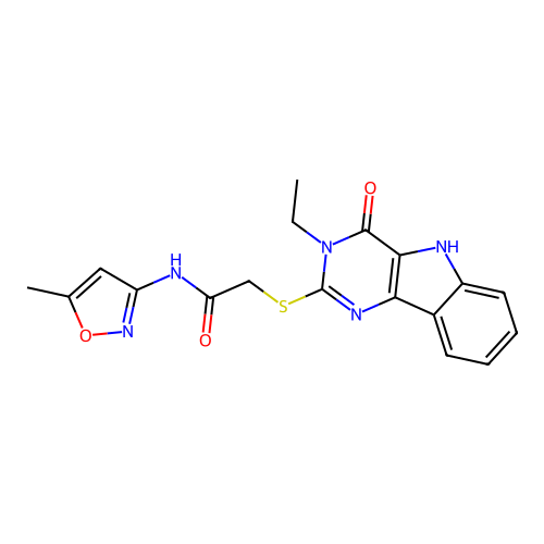 2-({3-ethyl-4-oxo-3H,4H,5H-pyrimido[5,4-b]indol-2-yl}sulfanyl)-N-(5-methyl-1,2-oxazol-3-yl)acetamide structure