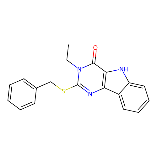 2-benzylsulfanyl-3-ethyl-5H-pyrimido[5,4-b]indol-4-one structure