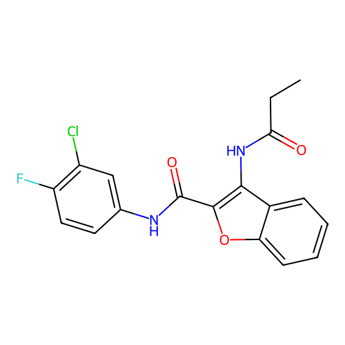 N-(3-chloro-4-fluorophenyl)-3-propionamidobenzofuran-2-carboxamide structure