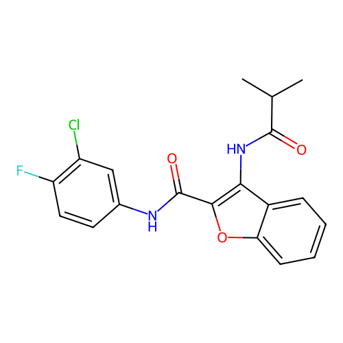 N-(3-chloro-4-fluorophenyl)-3-isobutyramidobenzofuran-2-carboxamide structure