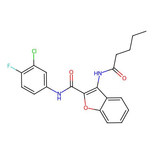 N-(3-chloro-4-fluorophenyl)-3-pentanamidobenzofuran-2-carboxamide structure