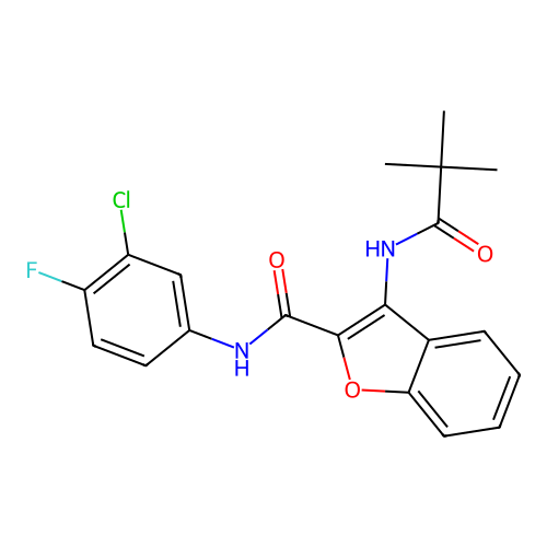 N-(3-chloro-4-fluorophenyl)-3-pivalamidobenzofuran-2-carboxamide structure