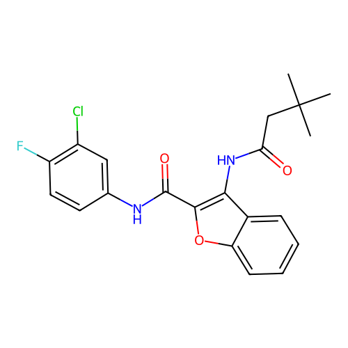N-(3-chloro-4-fluorophenyl)-3-(3,3-dimethylbutanamido)benzofuran-2-carboxamide structure