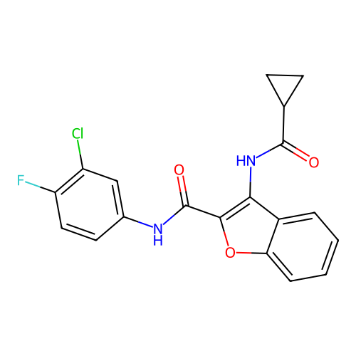 N-(3-chloro-4-fluorophenyl)-3-(cyclopropanecarboxamido)benzofuran-2-carboxamide structure