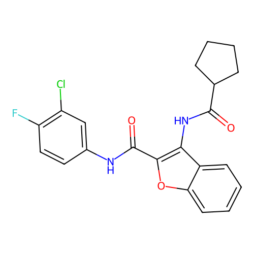 N-(3-chloro-4-fluorophenyl)-3-(cyclopentanecarboxamido)benzofuran-2-carboxamide structure