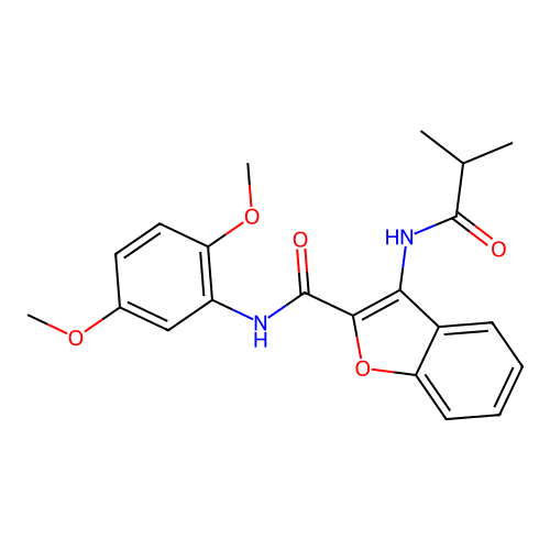 N-(2,5-dimethoxyphenyl)-3-isobutyramidobenzofuran-2-carboxamide structure
