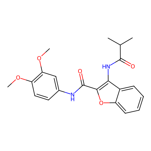 N-(3,4-dimethoxyphenyl)-3-isobutyramidobenzofuran-2-carboxamide structure