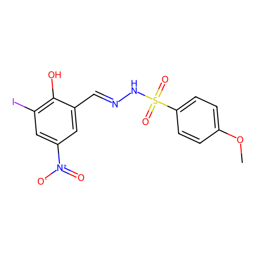 N-[(2-hydroxy-3-iodo-5-nitrophenyl)methylideneamino]-4-methoxybenzenesulfonamide structure