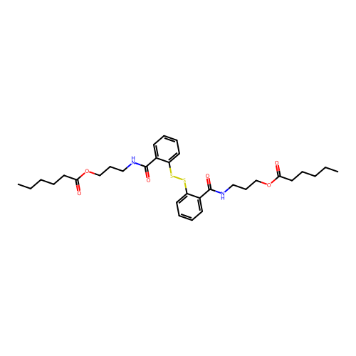 Hexanoic acid, dithiobis(2,1-phenylenecarbonylimino-3,1-propanediyl) ester structure