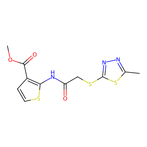 methyl 2-(2-((5-methyl-1,3,4-thiadiazol-2-yl)thio)acetamido)thiophene-3-carboxylate structure