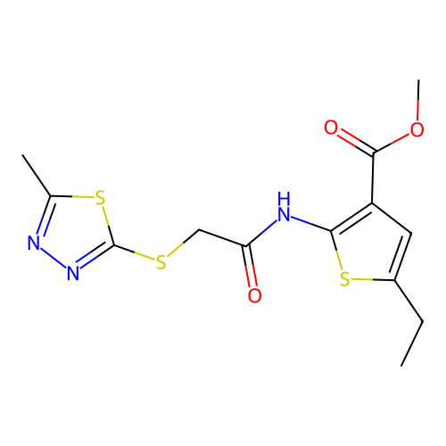 methyl 5-ethyl-2-({[(5-methyl-1,3,4-thiadiazol-2-yl)sulfanyl]acetyl}amino)thiophene-3-carboxylate structure