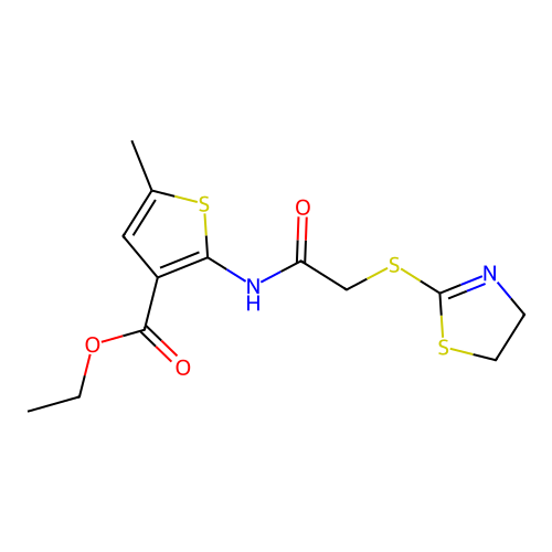ethyl 2-(2-((4,5-dihydrothiazol-2-yl)thio)acetamido)-5-methylthiophene-3-carboxylate structure