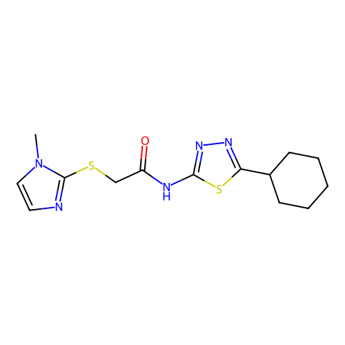 N-(5-cyclohexyl-1,3,4-thiadiazol-2-yl)-2-(1-methylimidazol-2-yl)sulfanylacetamide structure