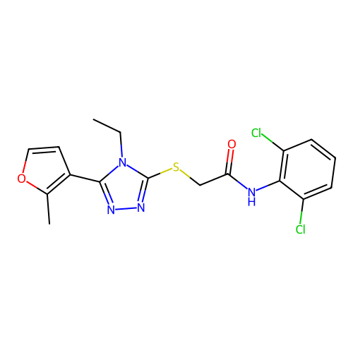 N-(2,6-dichlorophenyl)-2-[[4-ethyl-5-(2-methylfuran-3-yl)-1,2,4-triazol-3-yl]sulfanyl]acetamide structure